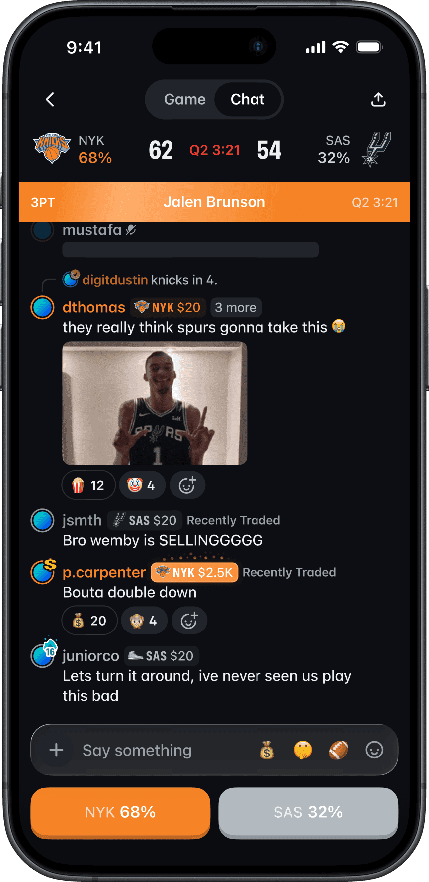 Example Polymarket iOS app screen showing a live sports market conversation.