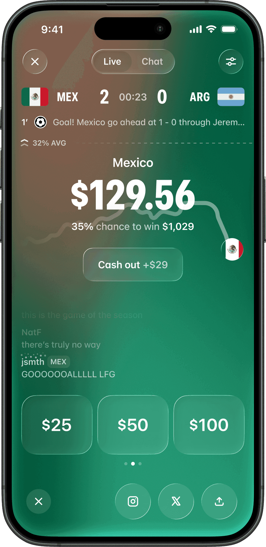 Example Polymarket iOS app screen showing a live market and cash-out state.