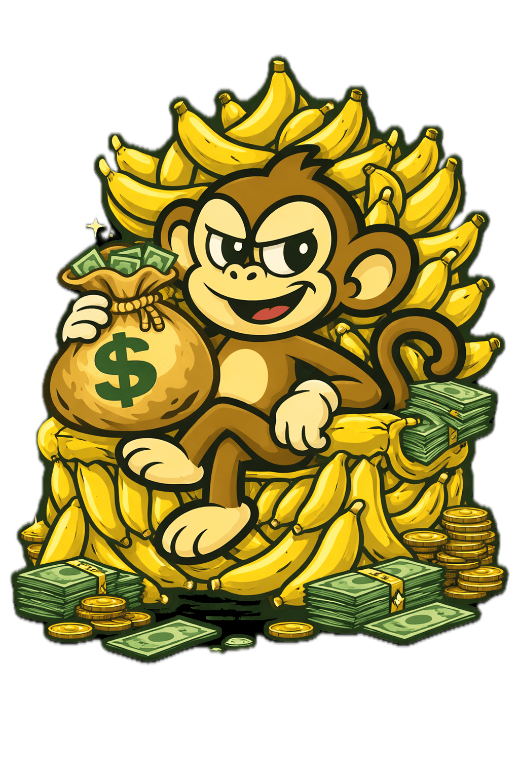 Monko, Bucko’s automation mascot, sitting on a throne of bananas.