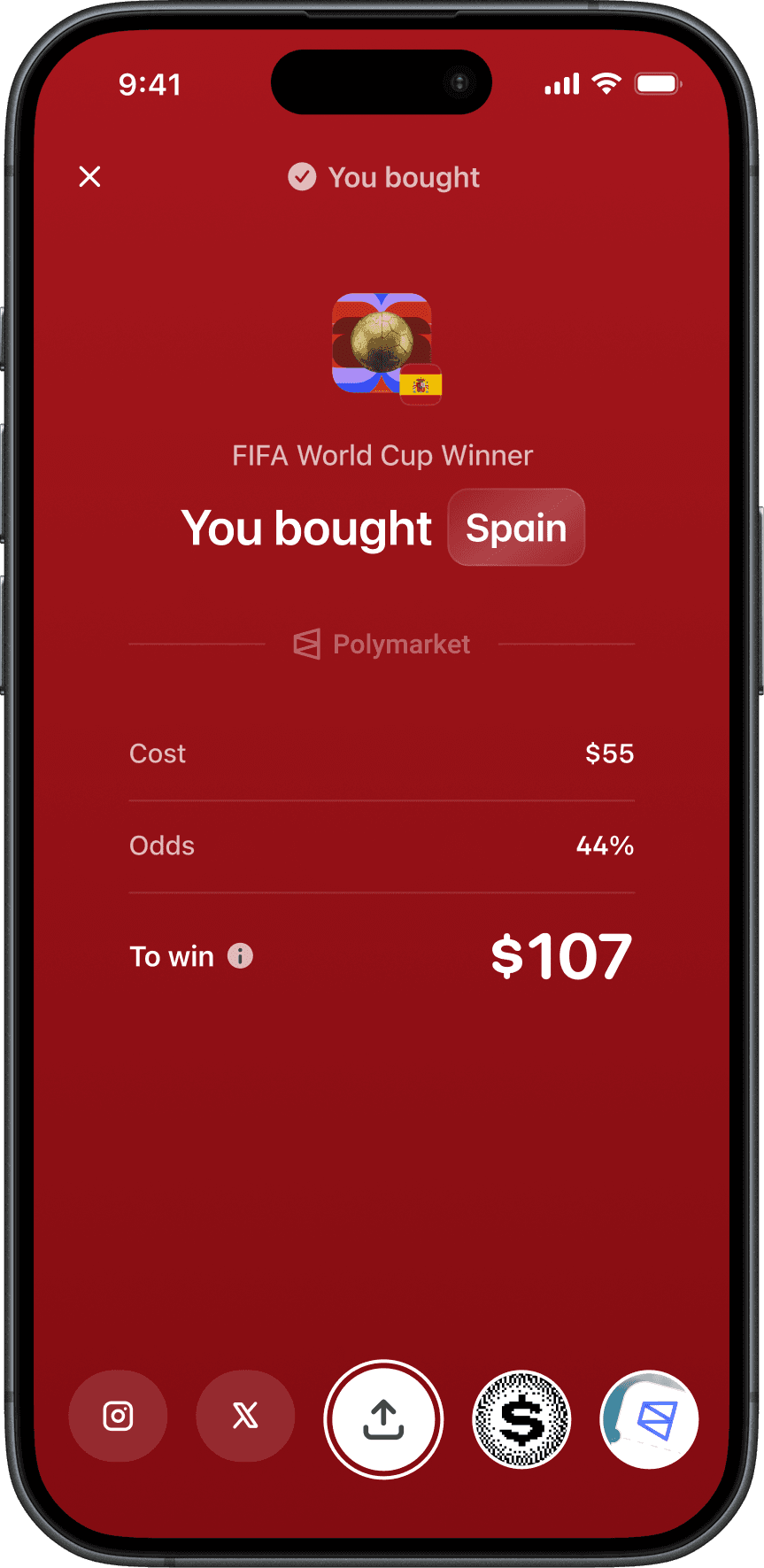 Example Polymarket iOS app screen showing a completed market purchase.