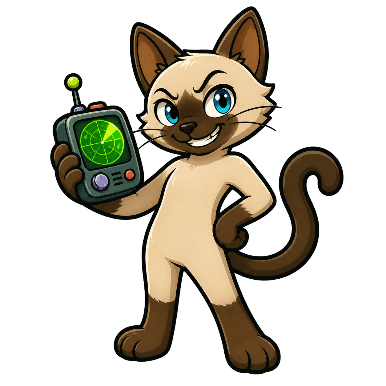 Whisko, a Siamese cat options scout, holding a radar scanner